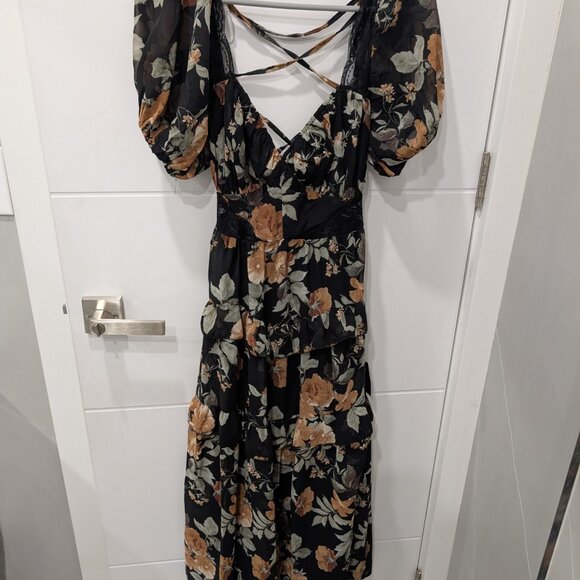 Lulus Fawning Favorite Black Floral Lace Tiered Lace-up Midi Dress - Size XS - Picture 2 of 4